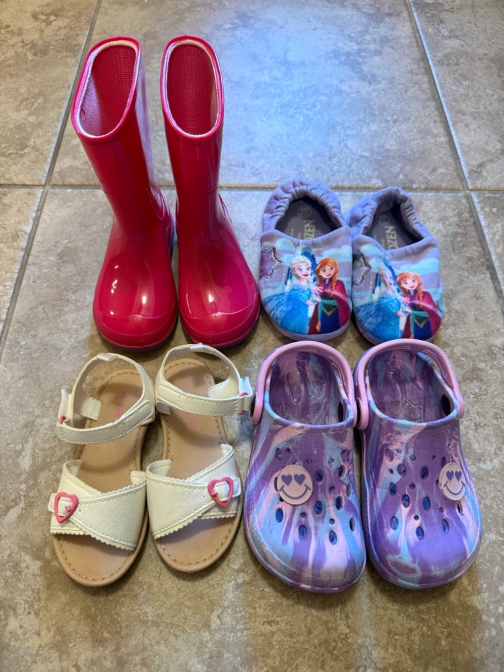 Girls Shoes size 8 Bundle (Carter’s sandals, Disney Slippers, Rainboots, Crocs)